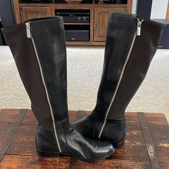 Michael Kors Black Leather and Stretch Fabric Hamilton Tall Boots Size 8 - Picture 4 of 7